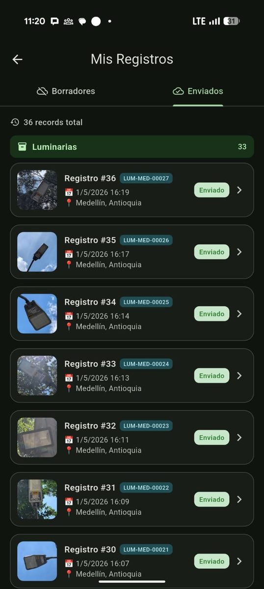 Pantalla Mis registros con luminarias enviadas desde campo
